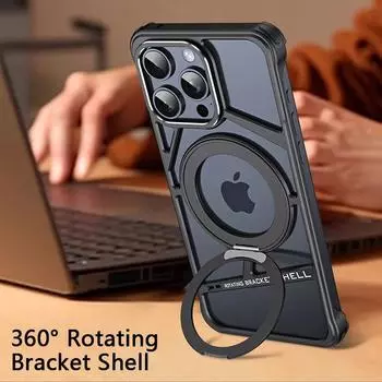 Роскошный металлический магнитный чехол для телефона iPhone 16 15 14 Pro Max Magsafe Wireless Charging Invisible Bracket Cooling Protective Cover For iPhone 14 Pro Max чёрный