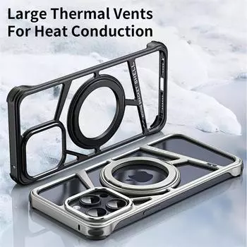 Роскошный металлический магнитный чехол для телефона iPhone 16 15 14 Pro Max Magsafe Wireless Charging Invisible Bracket Cooling Protective Cover For iPhone 16 Pro Max чёрный
