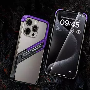 Роскошный металлический невидимый держатель для телефона iPhone 16 15 14 Pro Max S Type без оправы алюминиевый чехол-подставка с откидной крышкой для рассеивания тепла For iPhone 15 Pro Max серый