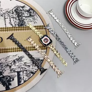 Роскошный металлический ремешок Love Heart для Apple Watch Band 42 мм 46 мм 44 мм 45 мм 41 мм 40 мм 49 мм женский браслет для девочек для iWatch Series 10 9 8 7 6 SE 5 4 Ultra 2 42/44/4549/46S10 чёрный
