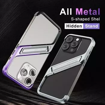 Роскошный металлический S-образный геометрический чехол со скрытой подставкой для iPhone 16 15 14 Pro Max 16Pro из алюминиевого сплава с безободковым кронштейном For iPhone 15 Pro Max фиолетовый/чёрный