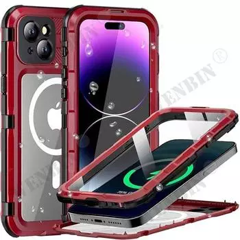 Роскошный металлический водонепроницаемый чехол для iPhone 15 Pro Max 15 Plus со встроенной защитой экрана, прочный военный чехол для защиты от падений iPhone 15 Pro Max чёрный