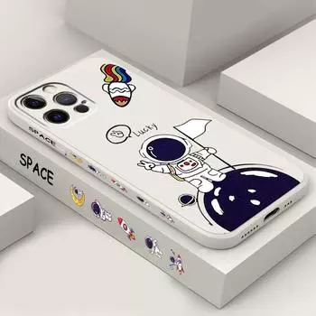 Роскошный милый мультфильм астронавта с жидкой левой веревкой для Apple iPhone 15 14 13 12 11 XS XR X 8 7 SE Pro Max Plus Mini Soft Phone Case iPhone 12 mini