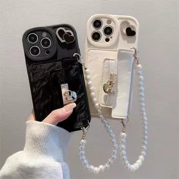 Роскошный модный чехол для телефона Love Heart Pearl Bracelet Card Pack для iPhone 15 14 13 12 11 Pro Max, мягкий силиконовый чехол iPhone 11 белый