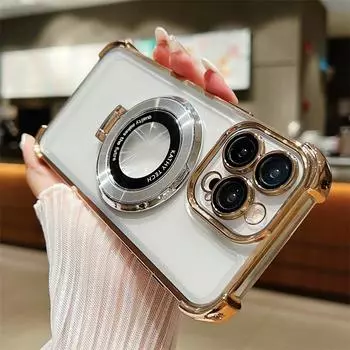 Роскошный модный гальванический чехол для телефона с магнитным кронштейном для iPhone 15 14 13 12 11 Pro Max, четырехугольный устойчивый к падению чехол iPhone 11 чёрный