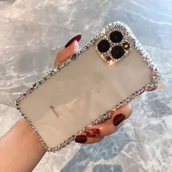 Роскошный модный мягкий чехол для телефона Bling Rhinestone Gem diamond для iPhone 16 15 14 13 Pro Max 11 Pro 12 Pro Max Glitter Camera Protection Cover Coque iPhone 11 серебряный