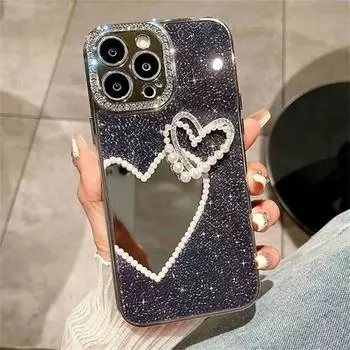Роскошный модный зеркальный чехол для телефона с гальваническим покрытием и бриллиантами Love Heart для iPhone 15 14 13 12 Pro Max противоударный чехол iPhone 12 белый