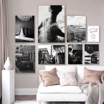 Роскошный модный женский постер с парфюмерией, Парижский пейзаж, современные черно-белые декоративные картины, холст, настенные фотографии, декор для гостиной 21x30cm No Framed