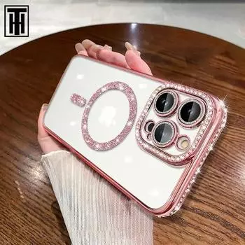 Роскошный мягкий блестящий чехол из ТПУ с бриллиантами для IPhone 15 11 12 13 14 Pro Max Plus Magsafe, магнитный чехол для беспроводной зарядки For iPhone 12
