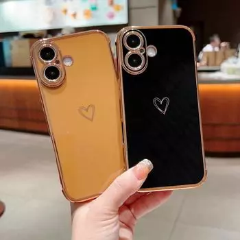 Роскошный мягкий чехол из ТПУ с покрытием для iPhone 16 Plus 15 Pro Max 14 Pro 13 12 11 XS XR 8 7 Love Heart противоударный глянцевый чехол для телефона iPhone 16 чёрный
