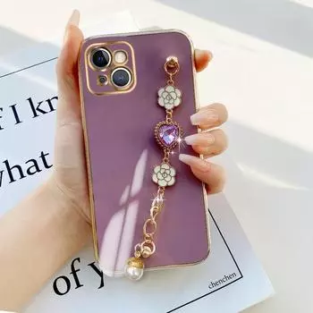 Роскошный мягкий чехол с цепочкой для телефона на запястье с цветком и сердцем для iPhone 14 13 11 Pro Max 12 Samsung Galaxy S22 Ultra S21 S20 Infinix Tecno с 6D покрытием iPhone 11 ярко-зеленый