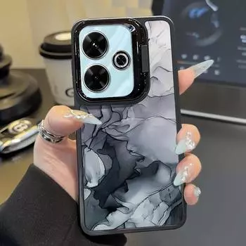 Роскошный мягкий чехол TPU с рисунком из мрамора и чернил для Xiaomi Poco X6 X5 Pro Redmi Note 13 12 11 10 Pro, подставка для объектива, защита объектива, противоударный матовый бампер Redmi Note 13 4G чёрный