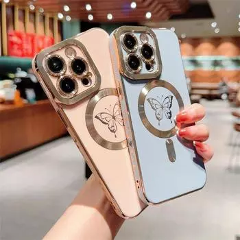 Роскошный мягкий гальванический чехол для телефона с бабочкой для Iphone 14pro Max 13 12 11 Pro Max 14 Plus, магнитный чехол для беспроводной зарядки For iPhone 13Pro Max