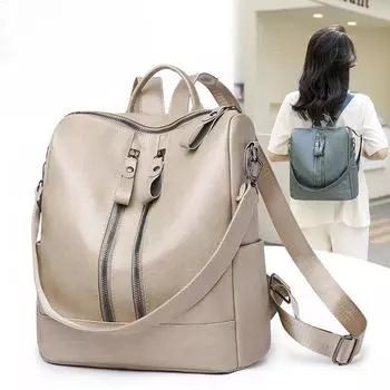 Роскошный мягкий кожаный женский рюкзак с двойной молнией, украшением, однотонный ретро женский рюкзак, повседневная сумка через плечо для женщин