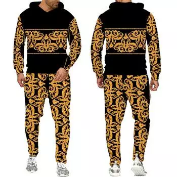 Роскошный мужской комплект из 2 предметов с золотым цветочным принтом, толстовка с капюшоном/брюки/набор в стиле ретро в стиле барокко, уличная одежда в стиле хип-хоп, мужской/женский спортивный костюм S белый
