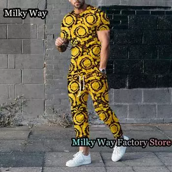 Роскошный мужской спортивный костюм с принтом цепочки, летний комплект из 2 предметов, футболка и брюки, винтажный спортивный костюм, мужская модная одежда, ретро наряд XL