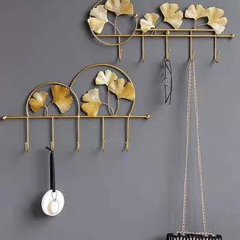 Роскошный настенный крючок для гинкго, золотой крючок из кованого железа, настенный крючок в форме листа гинкго, 5 крючков