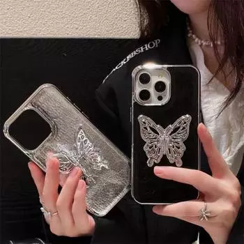 Роскошный новый чехол с держателем в виде бабочки и кракелюром для iPhone 15 Pro Max 14 13 12 Pro 11, универсальный чехол с защитой от падений iPhone 15 Pro Max чёрный