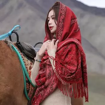 Роскошный очень большой теплый кашемировый шарф из пашмины с цветочным принтом, шаль и накидка для женщин, одеяло 65*200cm красный