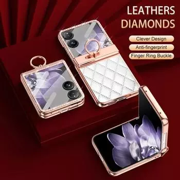 Роскошный однотонный кожаный чехол для телефона Xiaomi Mix Flip с пленкой, ромбовидной оправой, противоударный складной чехол-бампер из искусственной кожи с металлическим кольцом-держателем Xiaomi Mix Flip чёрный