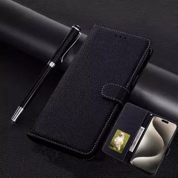 Роскошный однотонный кожаный флип-чехол-кошелек для телефона iPhone 15 14 13 12 11 Pro Max X XR XS Max 7 8 15 Plus противоударный держатель-подставка обложка книги For iPhone 13 чёрный