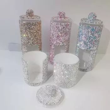 Роскошный органайзер для акриловых кистей с крышкой, сверкающие стразы, косметический органайзер для макияжа, круглый контейнер для хранения 7x7x20cm