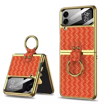 Роскошный плетеный чехол из искусственной кожи с подставкой для Samsung Galaxy Z Flip 4, 5 г, жесткий чехол с кольцевым кронштейном для Samsung Z Flip4, чехол case with ring