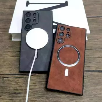 Роскошный простой мягкий кожаный магнитный чехол для телефона Magsafe для Samsung Galaxy S25 S24 S23 S22 S21 Ultra Plus защитный чехол для камеры For Samsung S24 чёрный