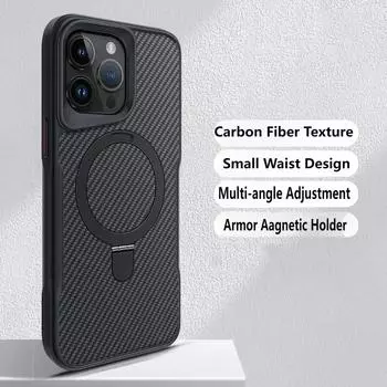 Роскошный простой невидимый чехол-подставка для iPhone 16 15 14 13 12 Pro Max MagSafe с беспроводной зарядкой, нескользящая задняя крышка из углеродного волокна For iPhone 16 Pro Max чёрный