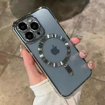 Роскошный противоскользящий прозрачный чехол из ТПУ для iPhone 15 14 13 12 11 Pro Max 15 Plus, защитная пленка для объектива, защитная магнитная мягкая крышка Magsafe For iPhone 15 ProMax