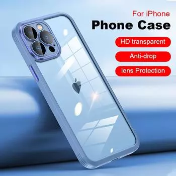 Роскошный противоударный акриловый прозрачный чехол для iPhone 14 13 12 11 Pro Max со стеклянной защитой линз, мягкий силиконовый чехол-рамка For iPhone 11 темно-синий