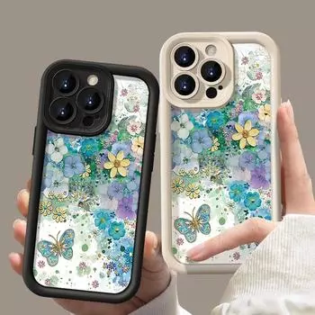 Роскошный противоударный чехол с цветочным принтом и бабочками для iPhone 16 Pro Max 15 Pro 14 Plus 13 12 11 XR XS 8 7, защита линз, матовая мягкая задняя крышка из ТПУ iPhone 16 чёрный