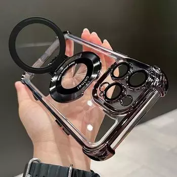Роскошный противоударный магнитный кронштейн с покрытием для прозрачного чехла Magsafe для iPhone 16 15 11 12 13 14 Pro Max с держателем-подставкой для телефона For iPhone 16 Pro Max чёрный