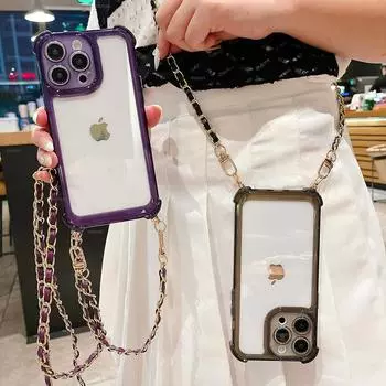 Роскошный противоударный силиконовый чехол-бампер для iPhone 15 14 13 12 11 Pro Max X XR XS 7 8 Plus Crossbody Lanyard Leather Chain Cover For Iphone 7 or 8&Case & Strap прозрачный