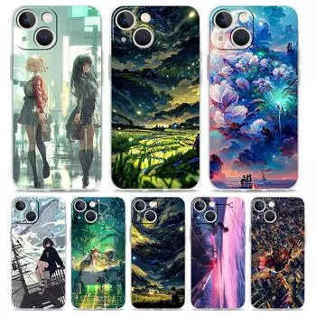 Роскошный прозрачный чехол для телефона iPhone 15 14 13 12 11 Pro Max XS X XR 7 8 Plus прозрачный противоударный чехол аниме девушка арт пейзаж iPhone 11Pro Max