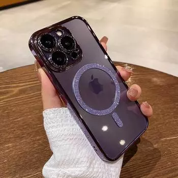 Роскошный прозрачный чехол для телефона с блестками и бриллиантами для Iphone 14 13 12 Pro Max, магнитный Magsafe, жесткий чехол для ПК с беспроводной зарядкой For iPhone14 Pro Max фиолетовый