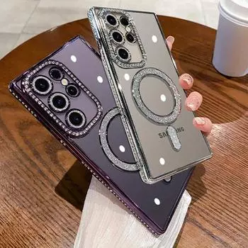 Роскошный прозрачный чехол для телефона с магнитным покрытием для Samsung Galaxy S24 S23 S22 Ultra Plus, блестящая защитная пленка для линз с бриллиантами, мягкий чехол For Samsung S24 серебряный