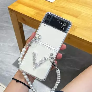 Роскошный прозрачный чехол для телефона со стразами для Samsung Galaxy Z Flip 3 5g, портативный браслет с жемчугом, защитная задняя крышка For Samsung Z Flip 3 чистый
