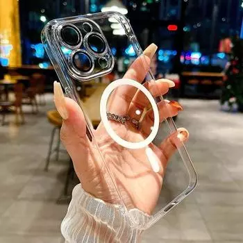 Роскошный прозрачный чехол Magsafe с беспроводной зарядкой для ПК для iPhone 11 12 13 14 15 Pro Max Plus, магнитный прозрачный чехол-бампер For iPhone 11 чёрный