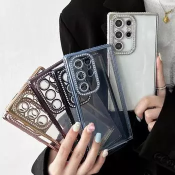 Роскошный прозрачный чехол с блестящим алмазным краем для Samsung S24 S23 S22 Ultra Plus, защита камеры, прозрачный мягкий чехол из ТПУ For S22 Ultra чёрный