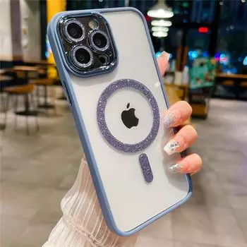 Роскошный прозрачный магнитный чехол для телефона с вспышкой Magsafe для iPhone 11 12 13 15 Pro Max, блестящая защита линз 14plus, блестящий чехол For iPhone 15 Plus