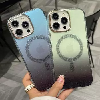 Роскошный прозрачный магнитный чехол для телефона с драгоценными камнями и градиентом для iPhone 15 Pro Max 11 12 13 14 Pro Max, мягкая блестящая задняя крышка IMD For iPhone 11