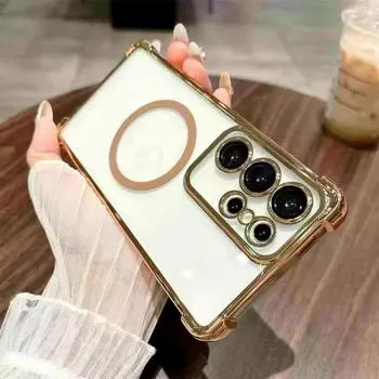 Роскошный прозрачный магнитный чехол для телефона Samsung S25 24 S23 S22 Ultra S23 S22 Plus с четырьмя углами и защитой от падений Samsung S22 чёрный