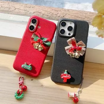 Роскошный рождественский чехол с колокольчиками и бантами для iPhone 16 15 14 13 12 11 16 Plus 16 Pro Max с рисунком из искусственной кожи, мягкая задняя крышка из ТПУ iPhone 12/12 Pro чёрный