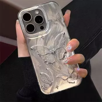 Роскошный серебряный чехол для телефона с лазерной пряжой и перьями бабочки для iphone 15 14 13 12 Pro Max INS, милый противоударный защитный чехол-бампер For iphone 11
