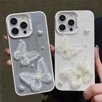 Роскошный сетчатый чехол с жемчужной бабочкой для iPhone 15 Pro Max 14 Plus 13 12 11 Pro, защитный чехол для девочек iPhone 15 Pro Max белый