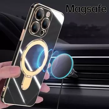 Роскошный силиконовый чехол-держатель с 6D покрытием на 360 градусов для iPhone 15 14 13 12 Pro Max для Magsafe, магнитный чехол iPhone 15 Plus белый