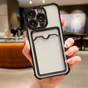 Роскошный силиконовый чехол для держателя карт с покрытием для iPhone 15 14 13 12 11 Pro Max Plus, мягкий защитный противоударный слот для карт, задняя крышка For iPhone 14 ProMax