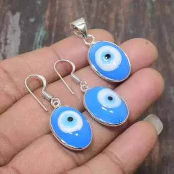 Роскошный синий драгоценный камень сглаза ручной работы, твердый кулон из стерлингового серебра 925 пробы + серьги, комплект ювелирных изделий синий
