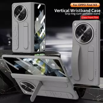 Роскошный складной силиконовый чехол Business для OPPO Find N3 Skin Feel с ремешком на запястье, подставкой и стеклянной передней пленкой, противоударный защитный чехол от падений For OPPO Find N3 чёрный